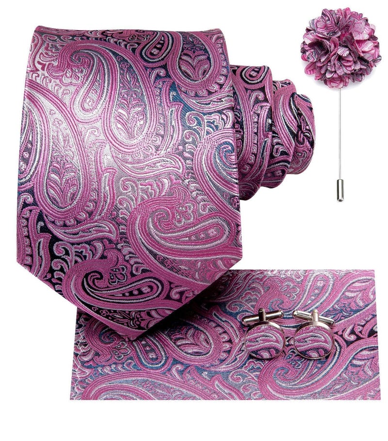 Dubulle Mens Tie and Lapel Pin Pink Grey Paisley Striped Floral Necktie for Men Pocket Square Cufflinks Wedding Party - Image 4